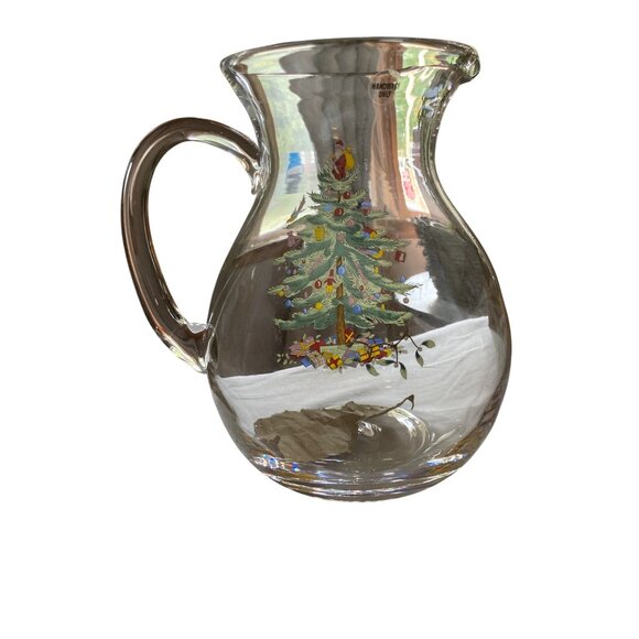 Vintage Spode Christmas Tree Clear Glass Pitcher Holiday Party Hosting Serving - Picture 2 of 5